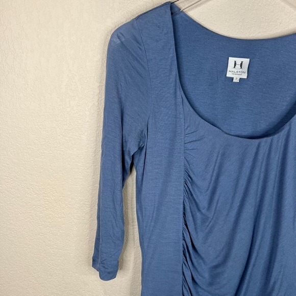 Halston Heritage Sheath Dress Sz 2 Blue Ruched 3/4 Sleeve Scoop Neck Silk Blend - Picture 2 of 13